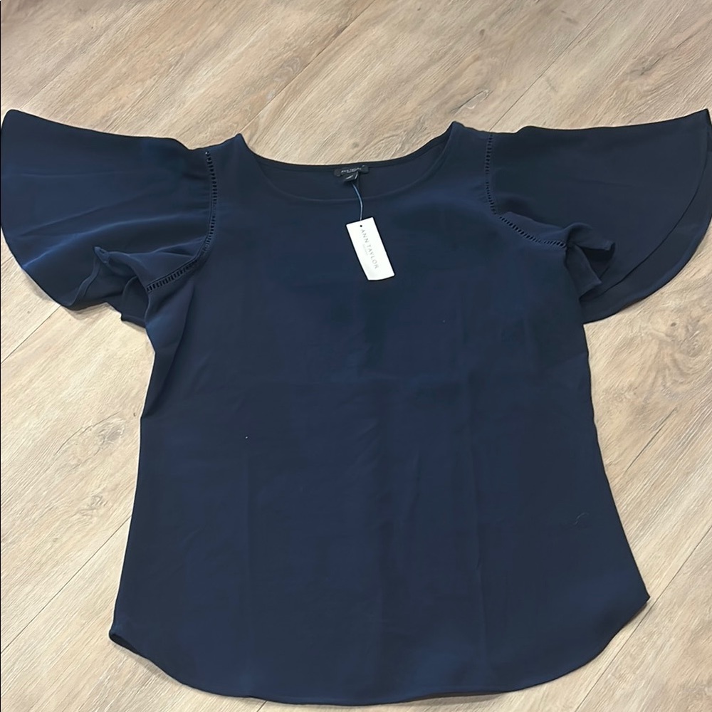 Ann Taylor Blue Flutter Sleeve Blouse